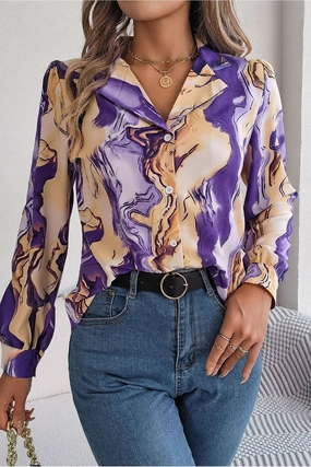 WOMEN MARBLE PATTERNED BUTTON DOWN OFFICE BLOUSE Garment Washed Finish