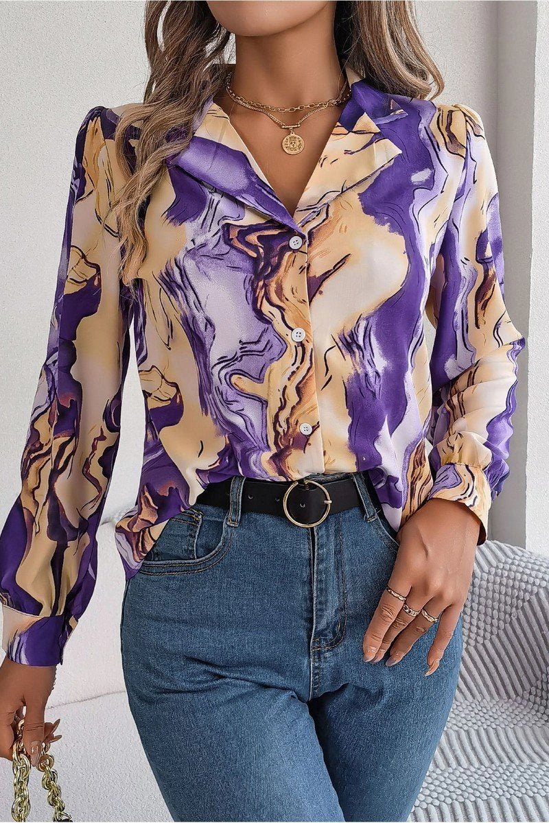 SnagResistant Fabric FrenchTerry WOMEN MARBLE PATTERNED BUTTON DOWN OFFICE BLOUSE