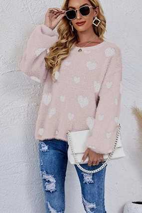 WOMEN OVERSIZED HEART PRINTING CUTE KNIT SWEATER Relaxed Tee