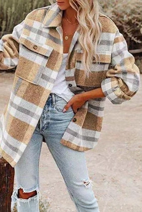 Button Down Collar Soft touch finish WOMEN OVERSIZED PLAID PATTERN LONG SHACKET