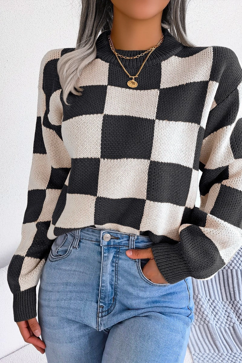 AntiPill Finish WOMEN PATCHWORK PATTERN LOOSE FIT KNITTED SWEATER