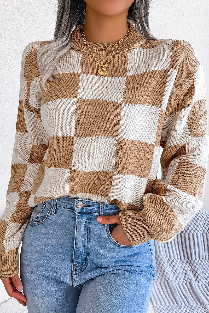 WOMEN PATCHWORK PATTERN LOOSE FIT KNITTED SWEATER Cozy Sweater LowImpact Manufacturing