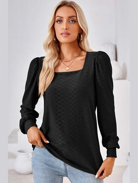 Winter Wardrobe WOMEN PATTERN STITCHED SQUARE NECK PUFF SLEEVE TOP