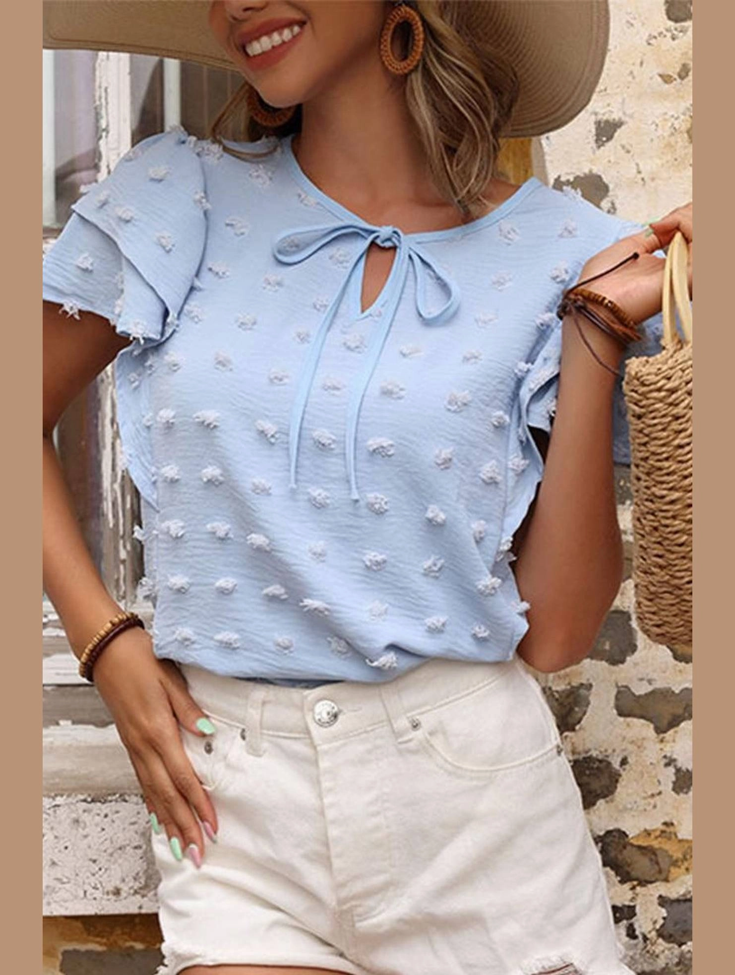 SecurePockets Soft Brushed Finish WOMEN PETAL SLEEVE SWISS DOT BLUE TEE