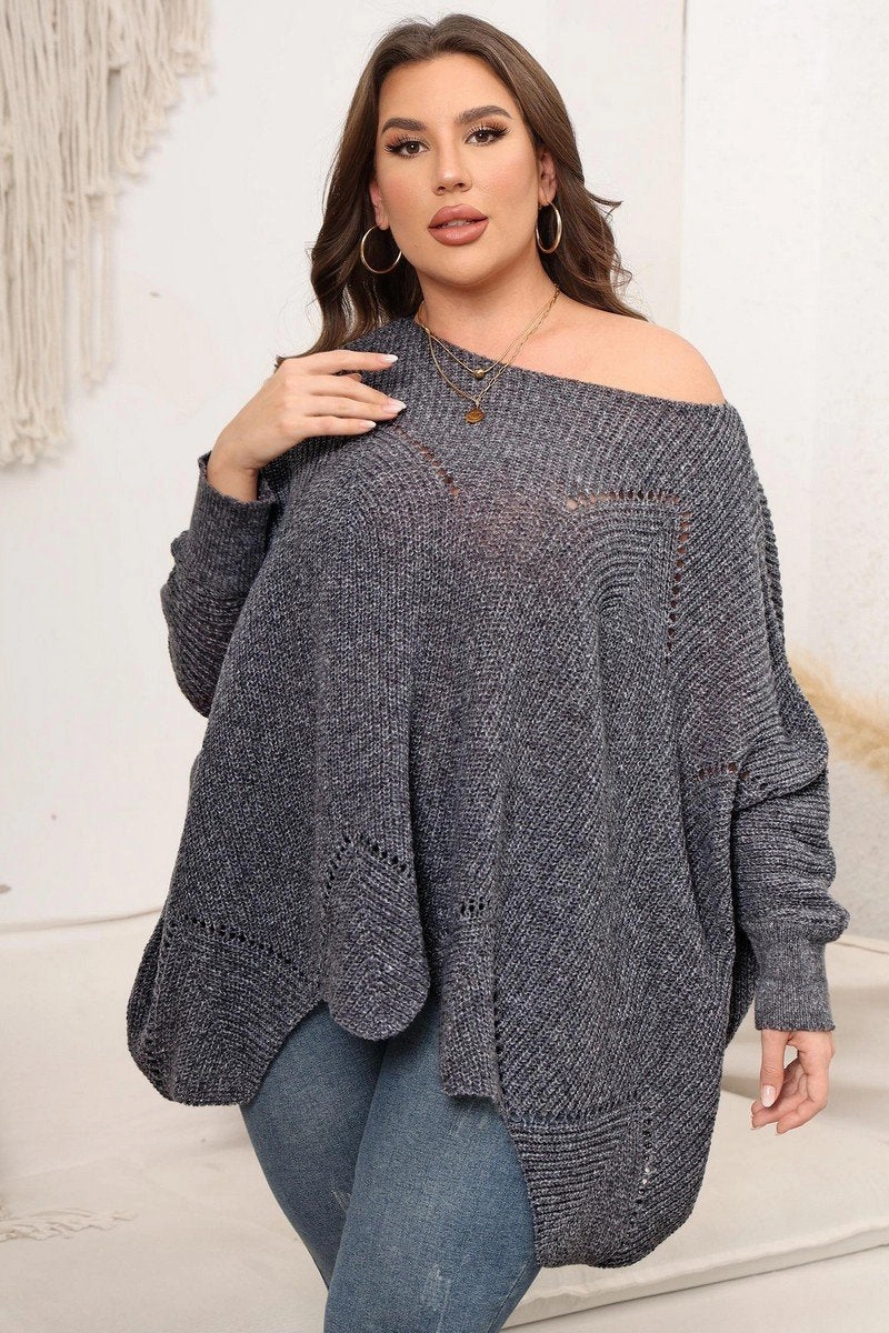 WOMEN PLUS SIZE BAT WING SLEEVE LOOSE FIT SWEATER Noise Reducing Fabric Treatment