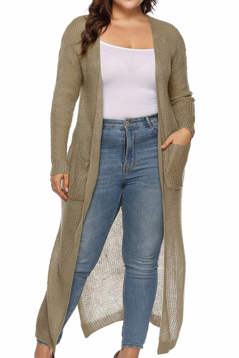 Layered Panel Construction Reinforced Shoulder Seams WOMEN PLUS SIZE OPEN FRONT LONG LENGTH CARDIGAN