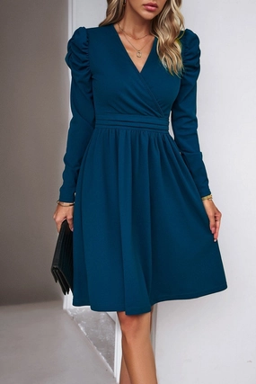 WOMEN PUFF SLEEVE V NECK WARP STYLE SWING DRESS All Occasion tailored look