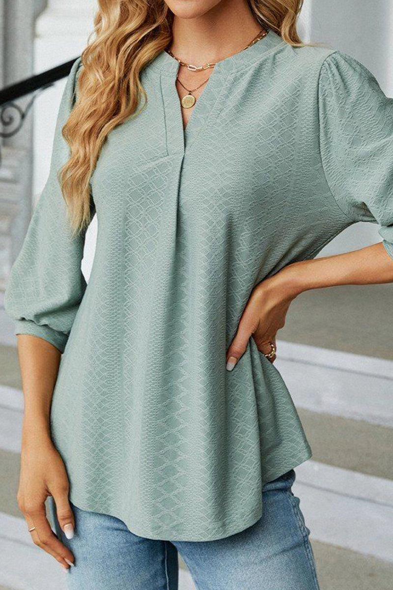 WOMEN RIBBED 3/4 SLEEVE PATTERN STITCHED BLOUSE Slim Silhouette hypoallergenic material