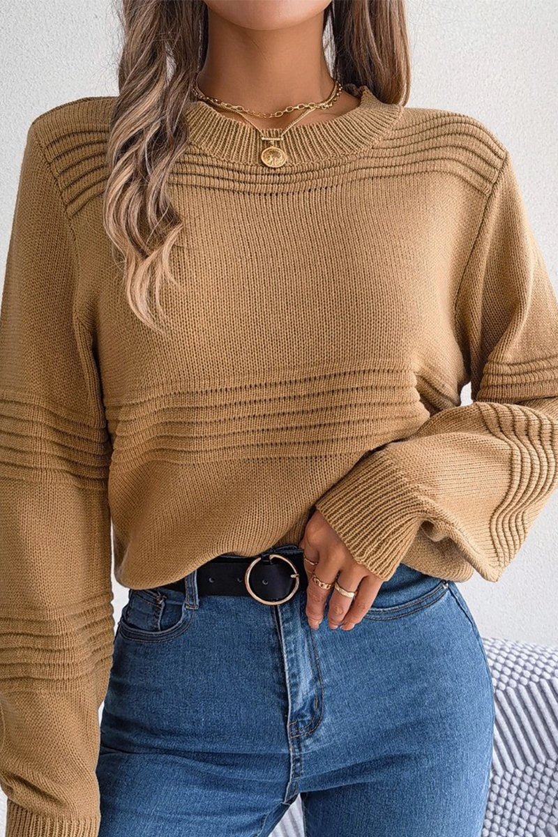 BreathableMeshInsert Interlock Knit WOMEN RIBBED CREWNECK LOOSE FIT KNITTED SWEATER