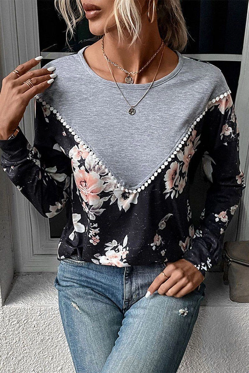 FlexibleCollarStructure Fashionable Tank WOMEN ROUND NECK FLORAL PRINTING LONG SLEEVE TEE