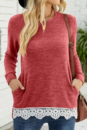 WOMEN ROUND NECK LACED HEM DETAILED PULLOVER TOP Ribbed Hemline BoxySilhouette