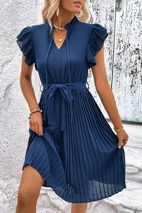 Soft Fabric WOMEN RUFFLED HIGH NECK PLEATED KNEE LENGTH DRESS