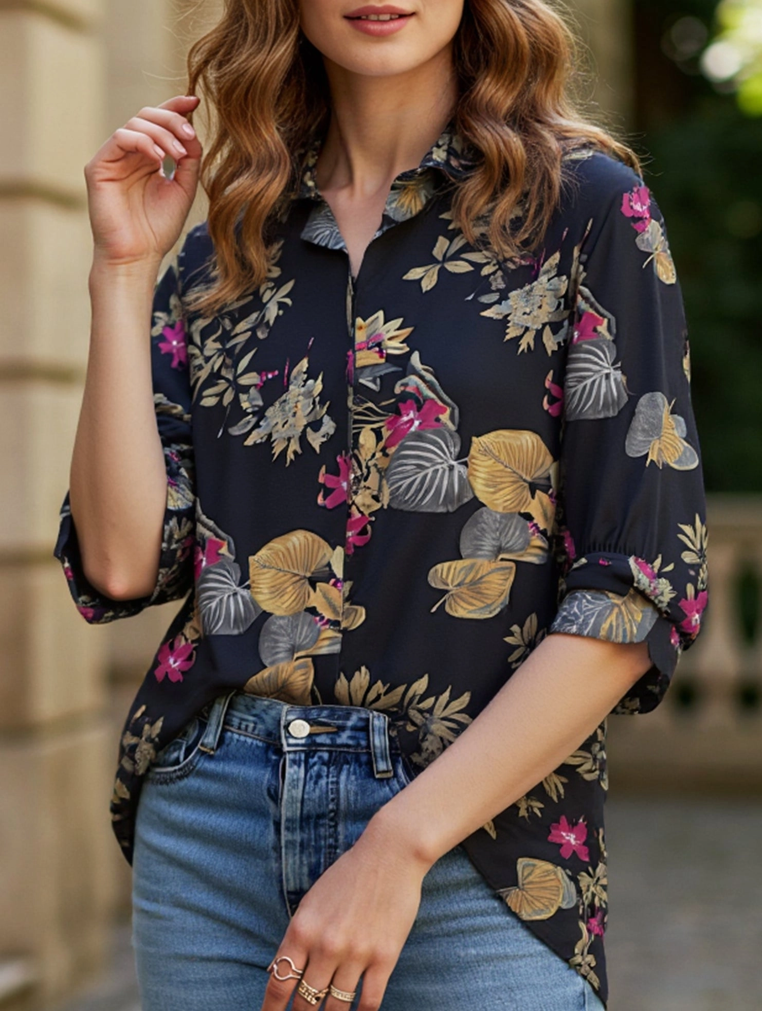 Women's Floral Print Button-Down Collar Shirt BuiltInLayer SoftKnit