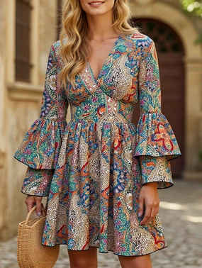 Women's Floral Print V-Neck Bell Sleeve Dress Breeze Flow