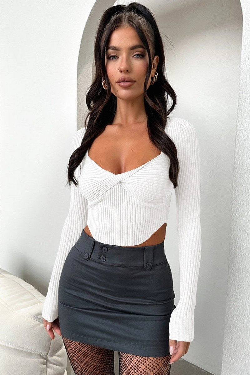 SlubTexture WOMEN SEXY DEEP NECK TIGHT LONG SLEEVE CROP TOP