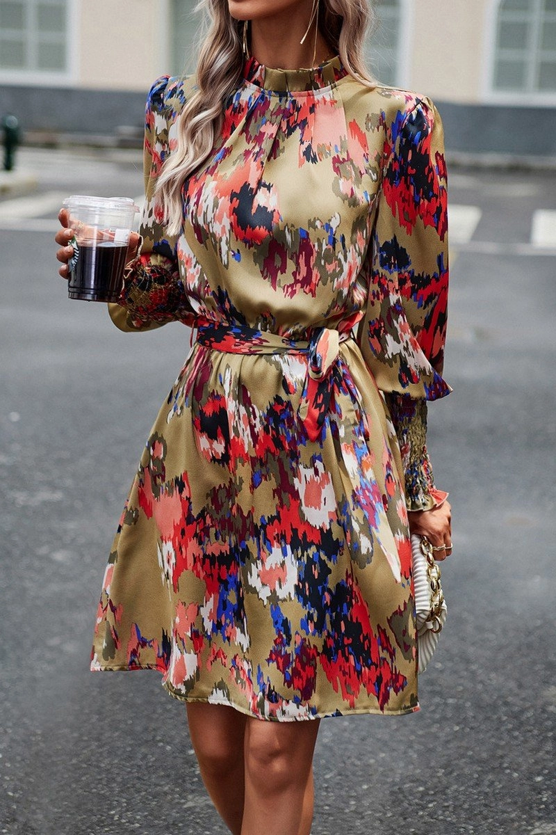 Resort Vibes Sun-Protective WOMEN SHIRRED HIGH NECK BELTED PRINTING DRESS