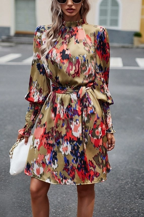 Climate-Adaptive Trendy Layer WOMEN SHIRRED HIGH NECK BELTED PRINTING DRESS