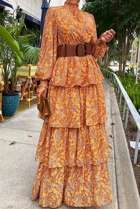 Fashion Essential WOMEN SHIRRED HIGH NECK BOHEMIAN TIERED DRESS