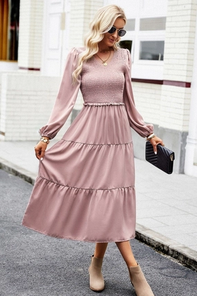WOMEN SMOCKED LONG SLEEVE TIERED CAKE FLOWY DRESS Work Vibes
