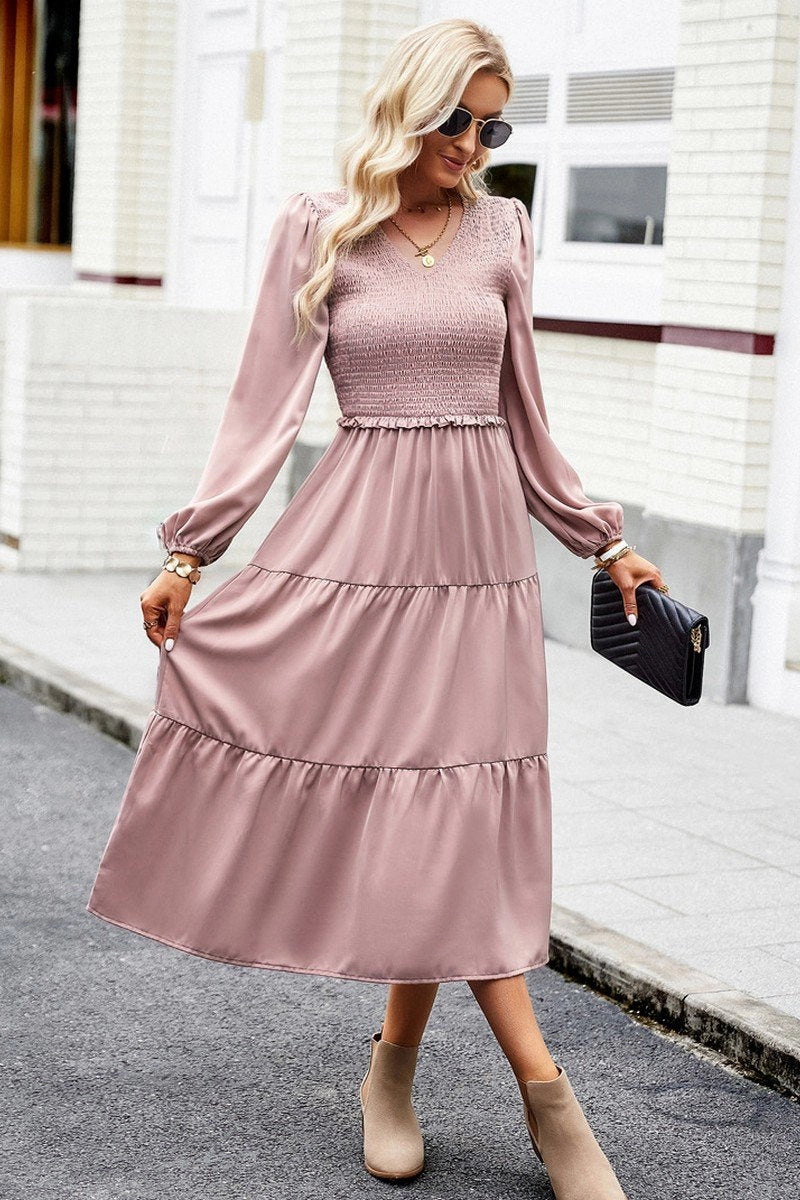 WOMEN SMOCKED LONG SLEEVE TIERED CAKE FLOWY DRESS Influencer-Approved