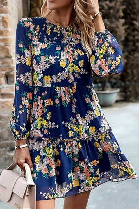 WOMEN SMOCKED NECK FLORAL LONG SLEEVE MINI DRESS Soft Comfort