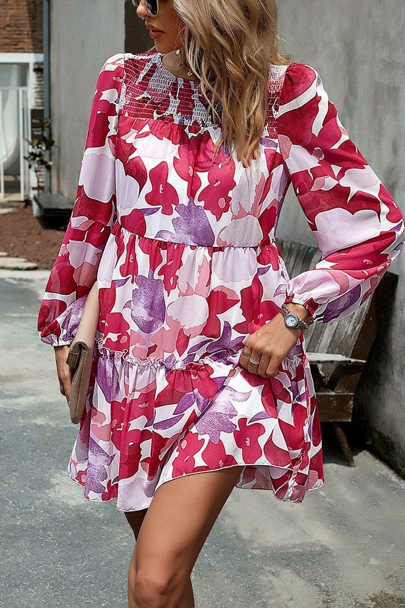 WOMEN SMOCKED NECK FLORAL LONG SLEEVE MINI DRESS Sunny Lace V Neckline