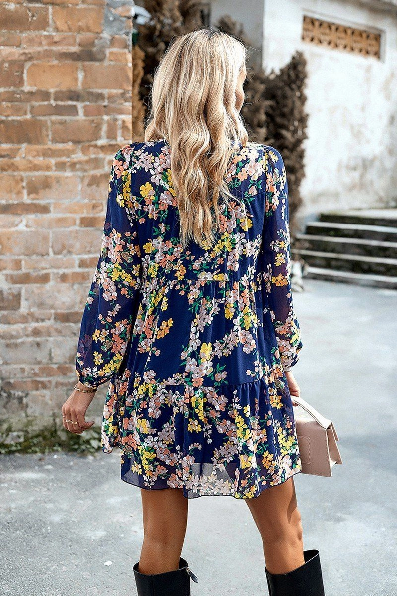 Simple formal dress Nature Bloom WOMEN SMOCKED NECK FLORAL LONG SLEEVE MINI DRESS