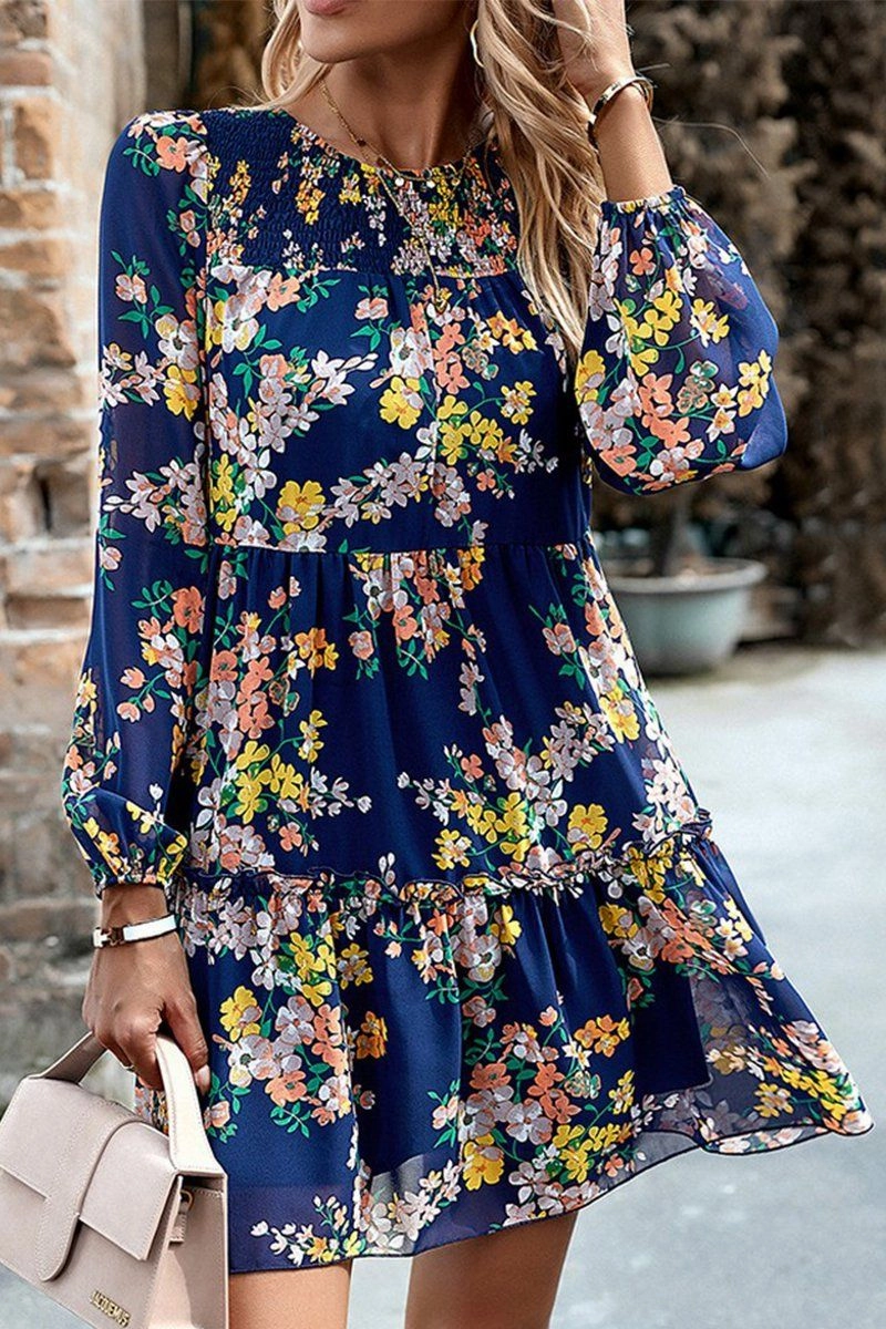 WOMEN SMOCKED NECK FLORAL LONG SLEEVE MINI DRESS Soft Comfort