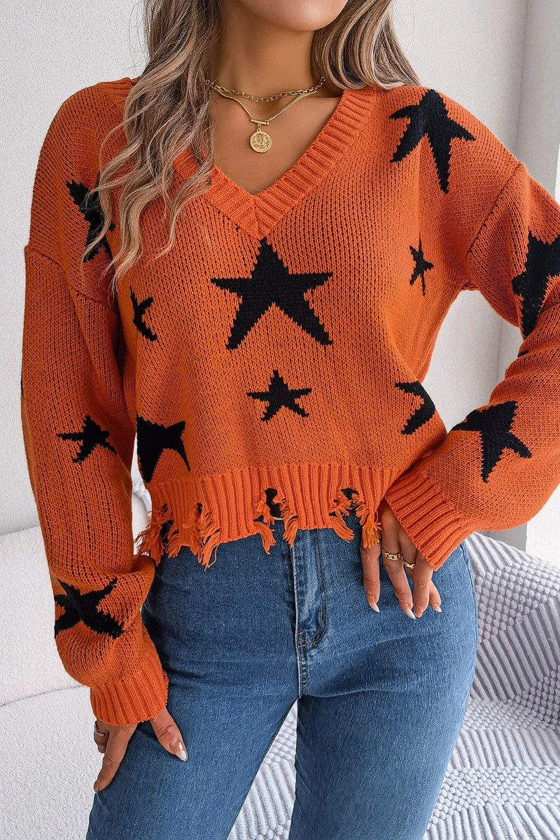 WOMEN STAR PRINTING DISTRESSED HEM KNIT SWEATER PunctureResistantReinforcement