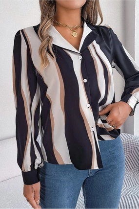 WOMEN STRIPE PATTERNED BUTTON DOWN OFFICE BLOUSE Odor Control Technology