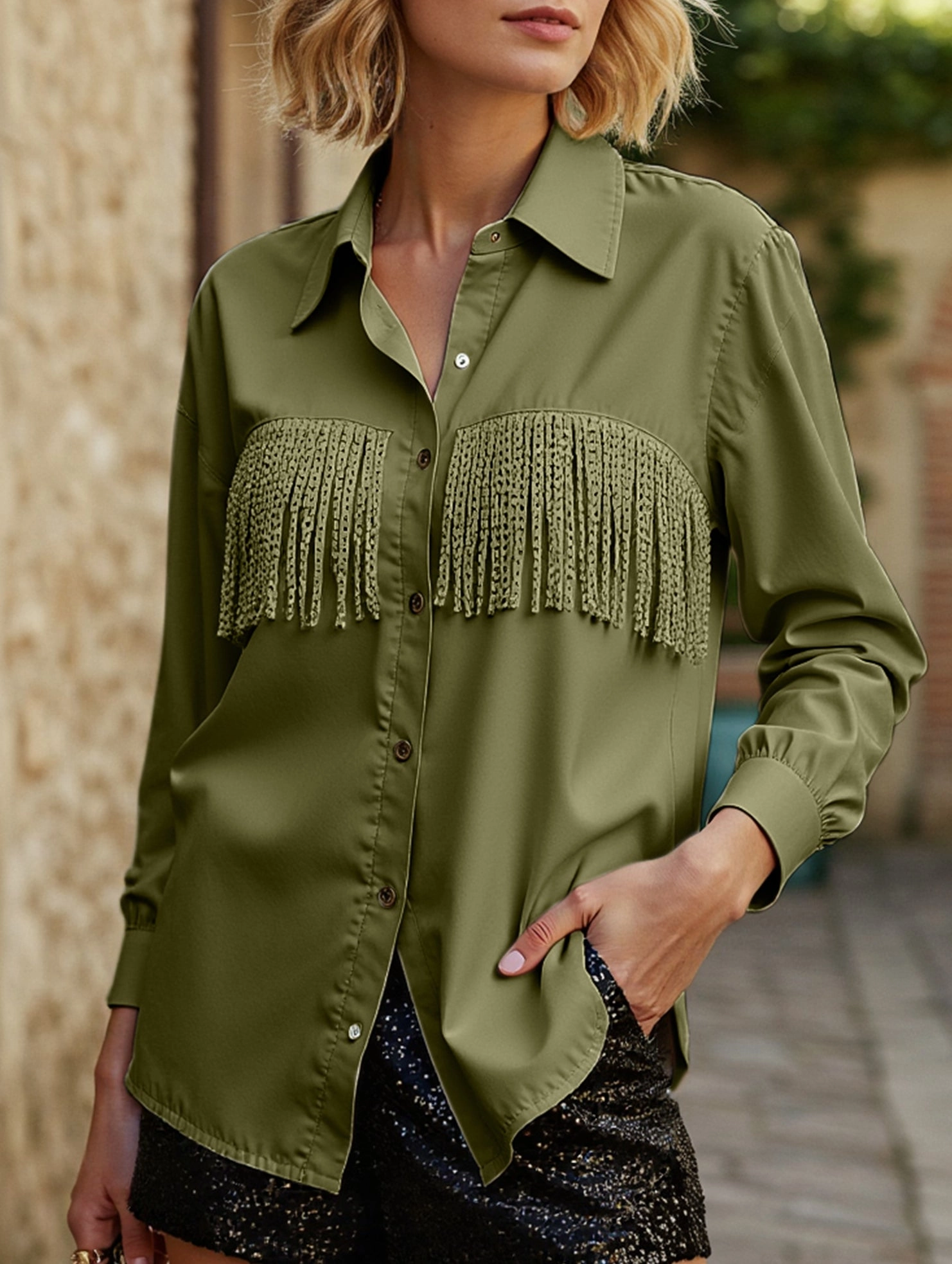 HiddenZipper Convertible Sleeve Adaptation WOMEN TASSEL DETAILED BUTTON UP BLOUSE SHIRTS