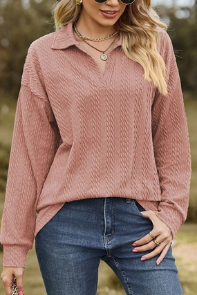 Non Iron Fabric WOMEN TWIST CABLE STITCHED V NECK COLLAR T SHIRT