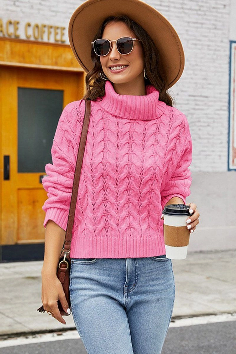 Drop Shoulder Design WOMEN TWIST CHUNKY CABLE KNIT TURTLE NECK SWEATER