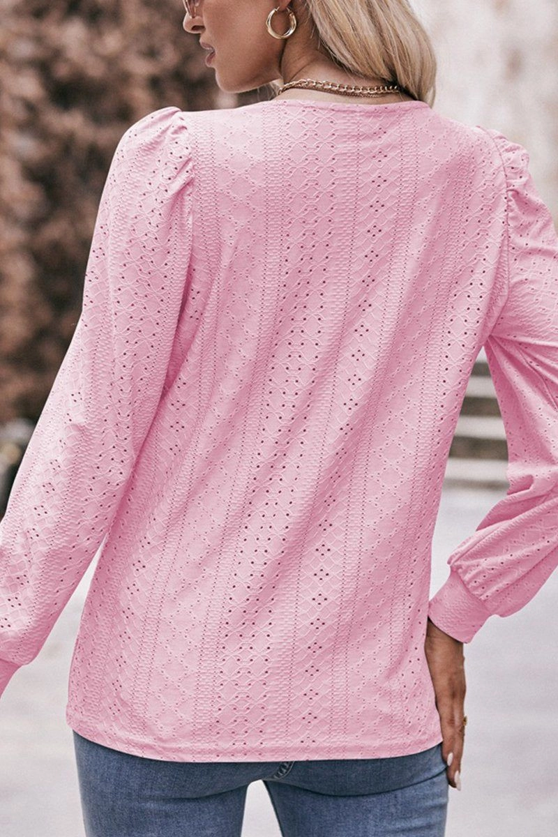 WOMEN U NECK EYELET FITTED CUFF TEE Relaxed Hoodie Contrast Stitch Detail