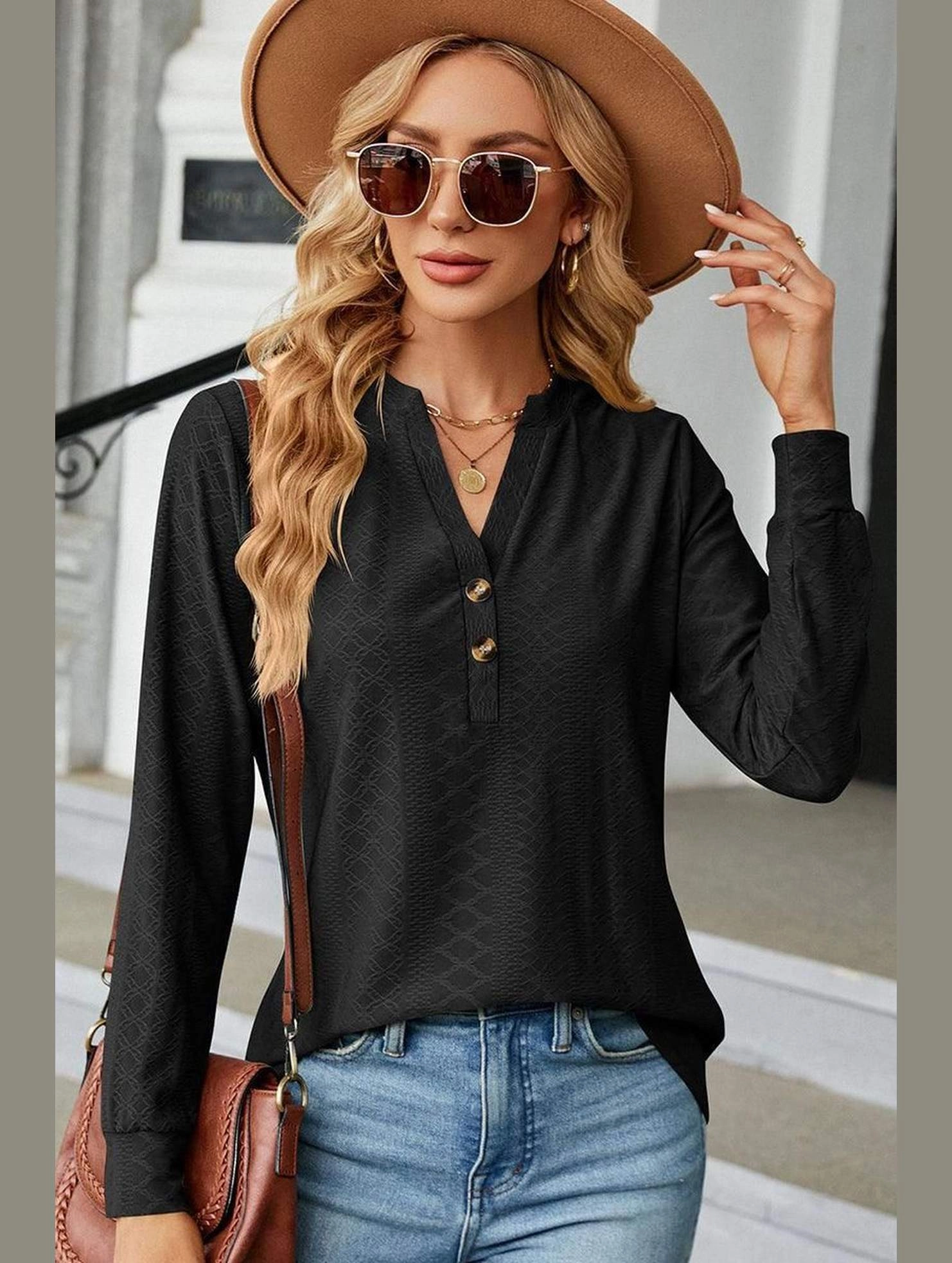 WOMEN V NECK BUTTON JACQUARD LOOSE FIT TOP HiddenPocket Brushed Inner Layer