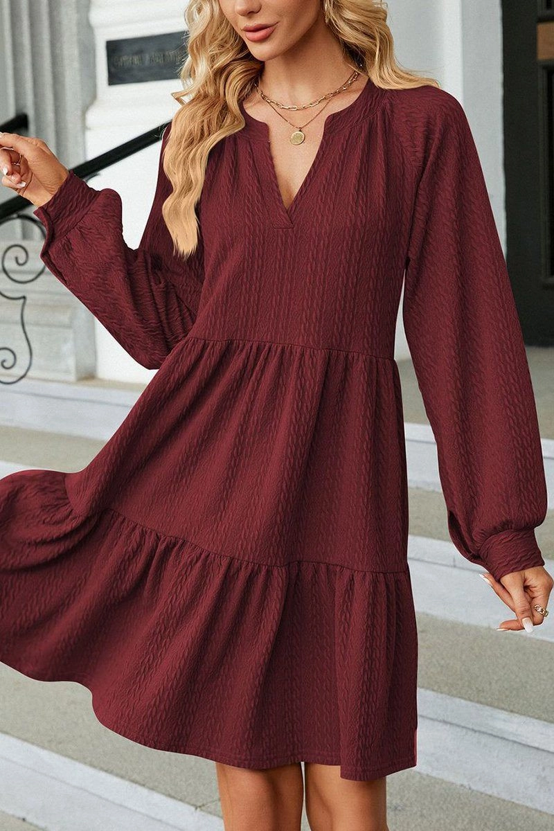 Lounge Mode WOMEN V NECK RUFFLED CAKE LONG SLEEVE DRESS