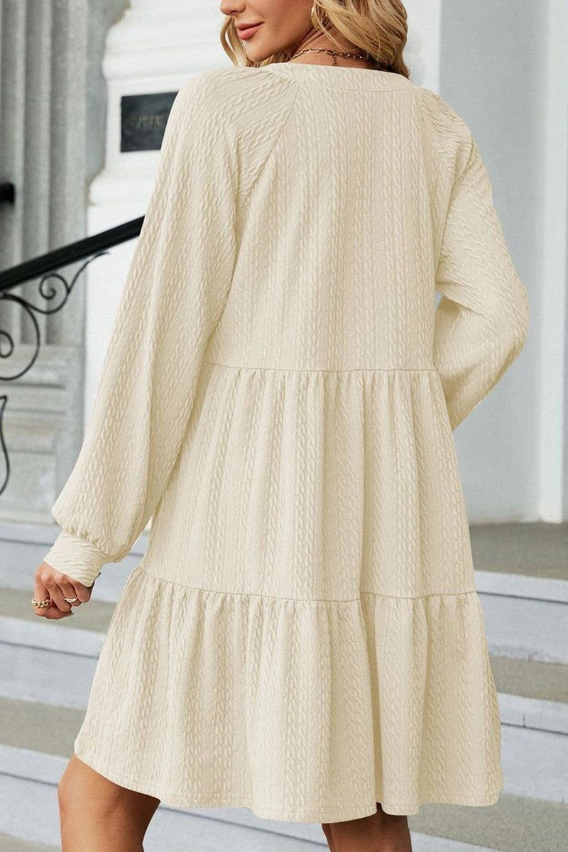 WOMEN V NECK RUFFLED CAKE LONG SLEEVE DRESS Chic And Comfortable Timeless office dress