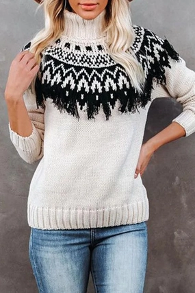 WOMEN VINTAGE TASSEL HIGH NECK BOHEMIAN SWEATER Trendy Cardigan