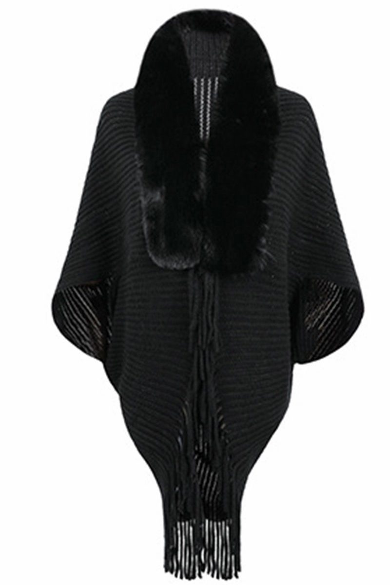 WOMEN WINTER FURRY TASSEL DETAILED SHAWL WRAP Long Sleeve Shirt