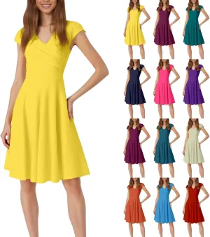 Women's 1950s Retro Cocktail Party Dresses V Neck Cap Sleeve Dress Ruched Bodycon Dress Swing Hem Vintage Dresses