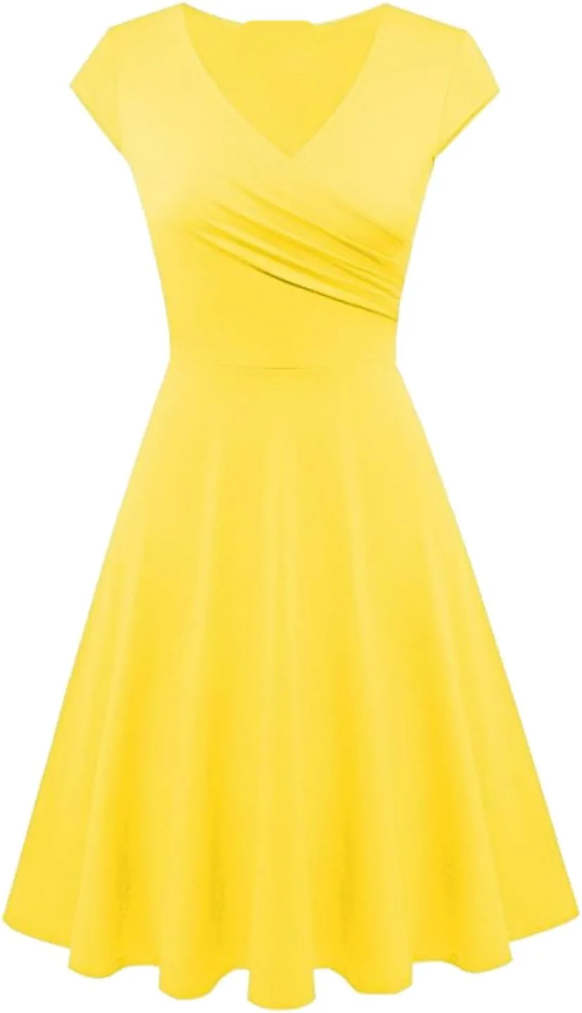 Women's 1950s Retro Cocktail Party Dresses V Neck Cap Sleeve Dress Ruched Bodycon Dress Swing Hem Vintage Dresses
