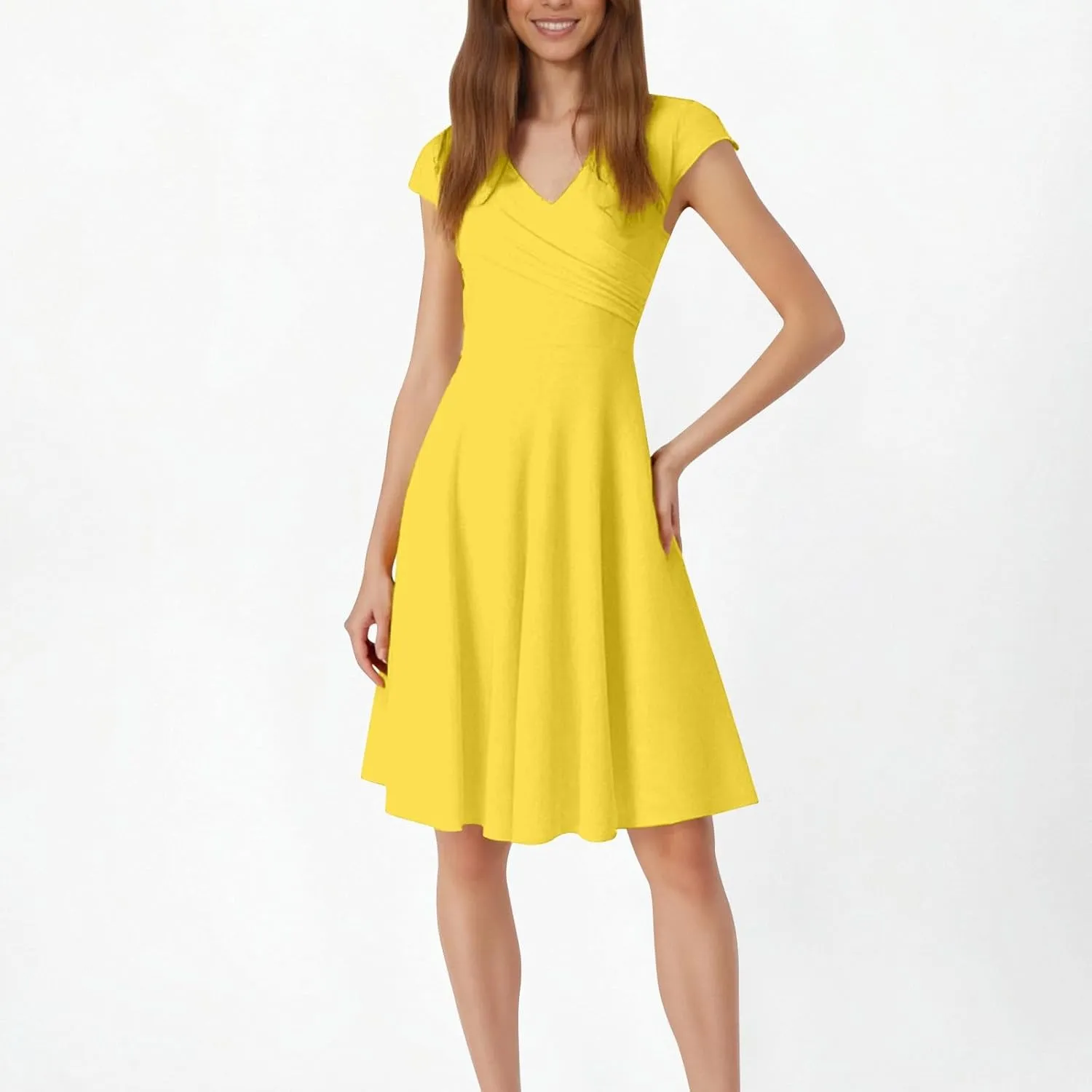 Women's 1950s Retro Cocktail Party Dresses V Neck Cap Sleeve Dress Ruched Bodycon Dress Swing Hem Vintage Dresses
