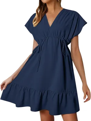 Womens 2025 Summer Short Sleeve V Neck Empire Waist Casual Ruffle A-Line Swing Mini Babydoll Dresses