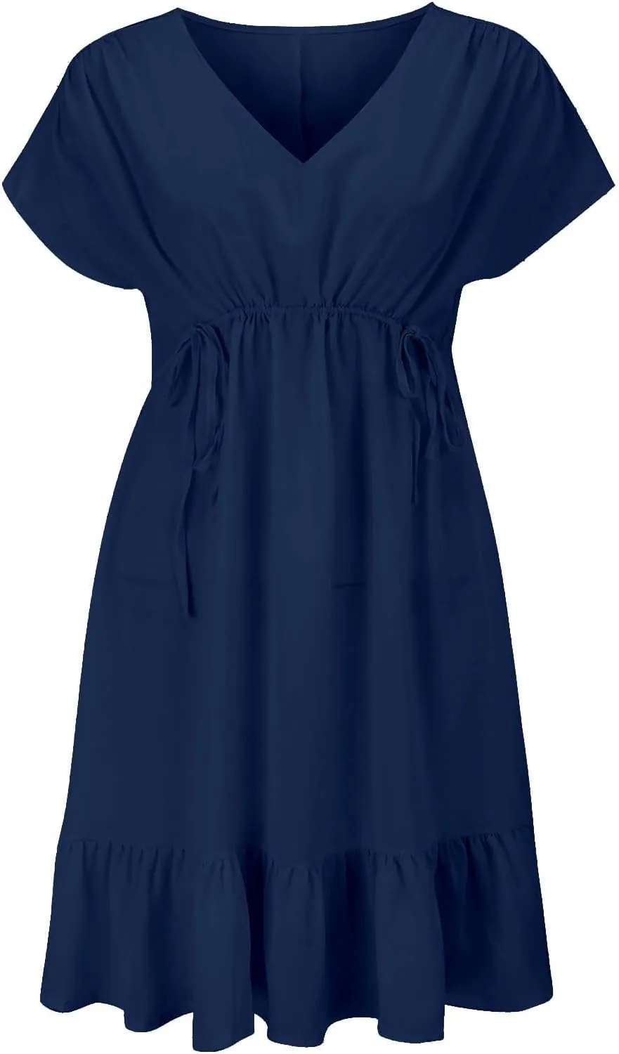 Womens 2025 Summer Short Sleeve V Neck Empire Waist Casual Ruffle A-Line Swing Mini Babydoll Dresses
