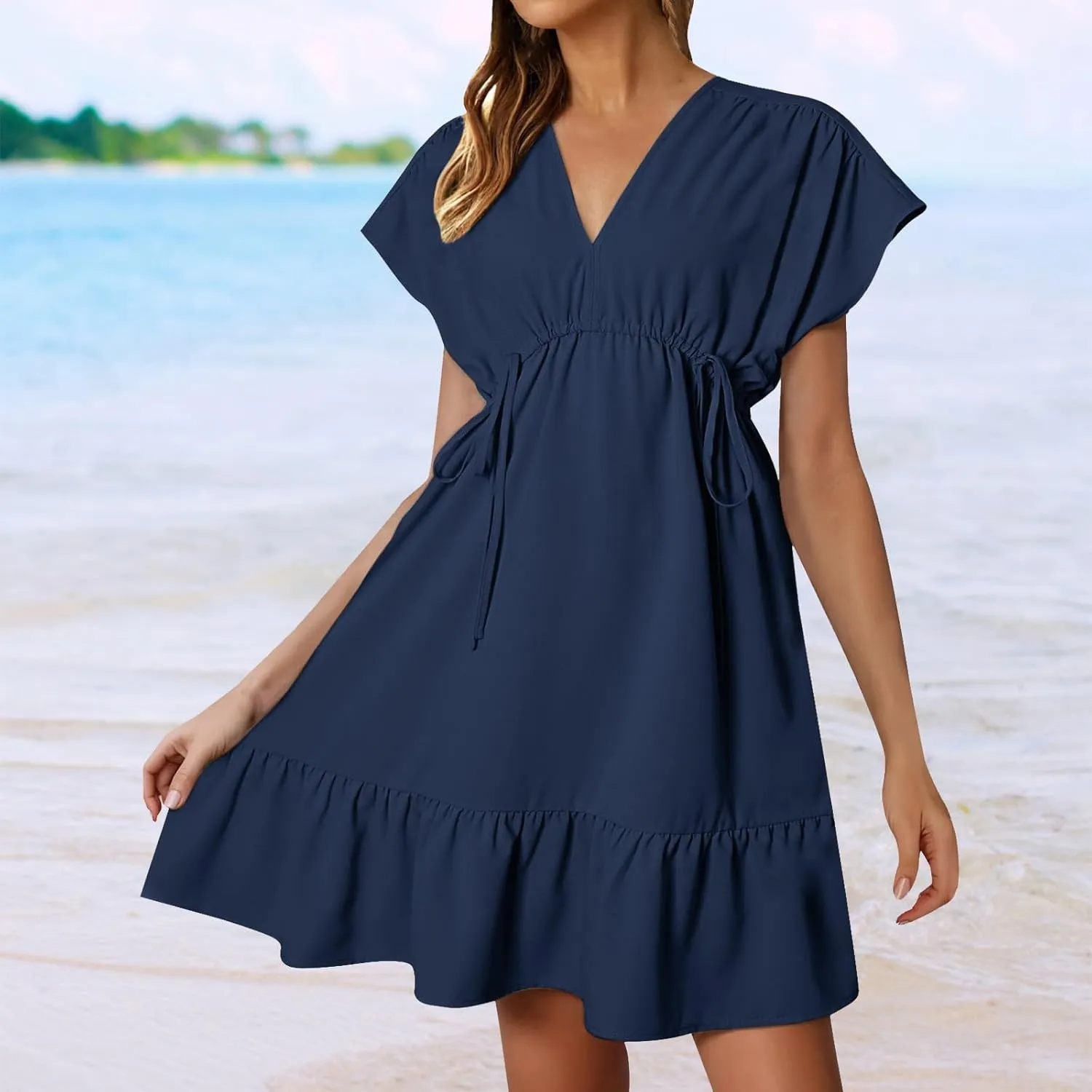 Womens 2025 Summer Short Sleeve V Neck Empire Waist Casual Ruffle A-Line Swing Mini Babydoll Dresses
