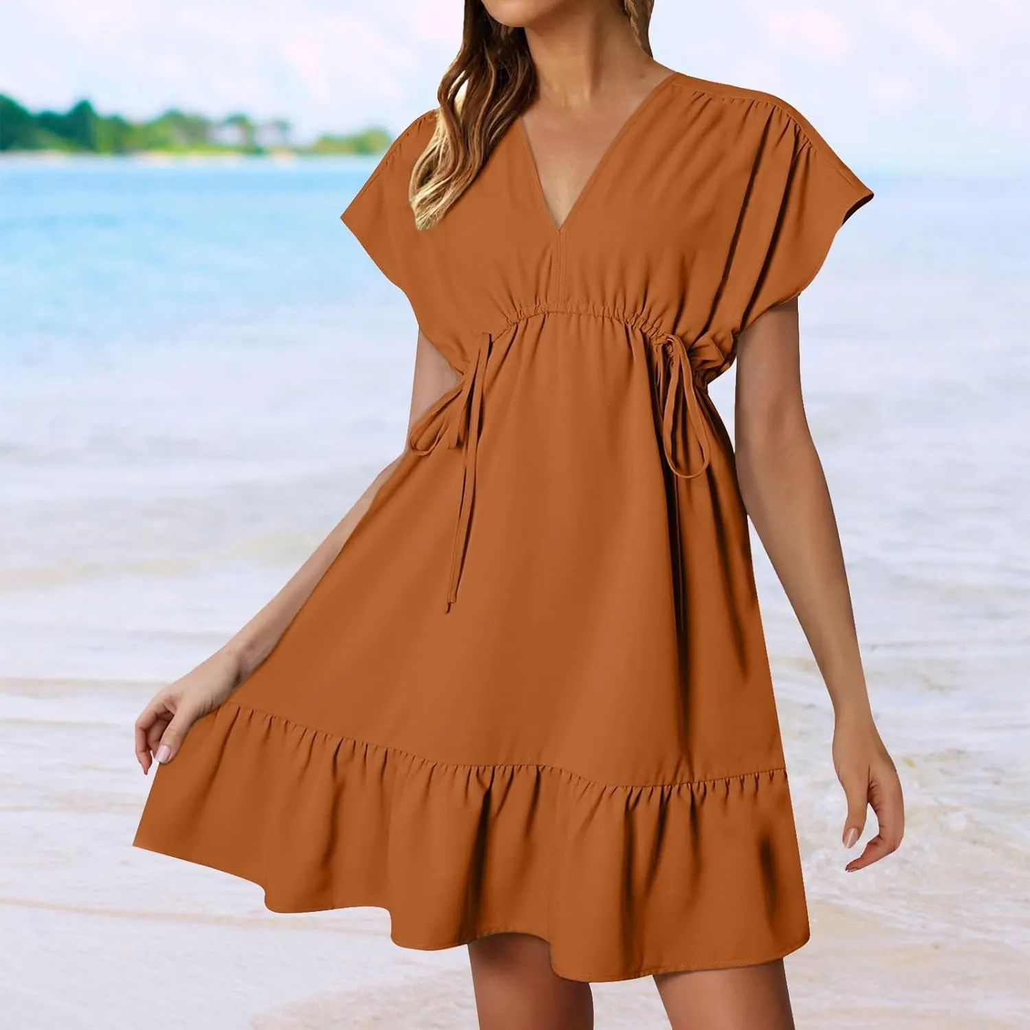 Womens 2025 Summer Short Sleeve V Neck Empire Waist Casual Ruffle A-Line Swing Mini Babydoll Dresses