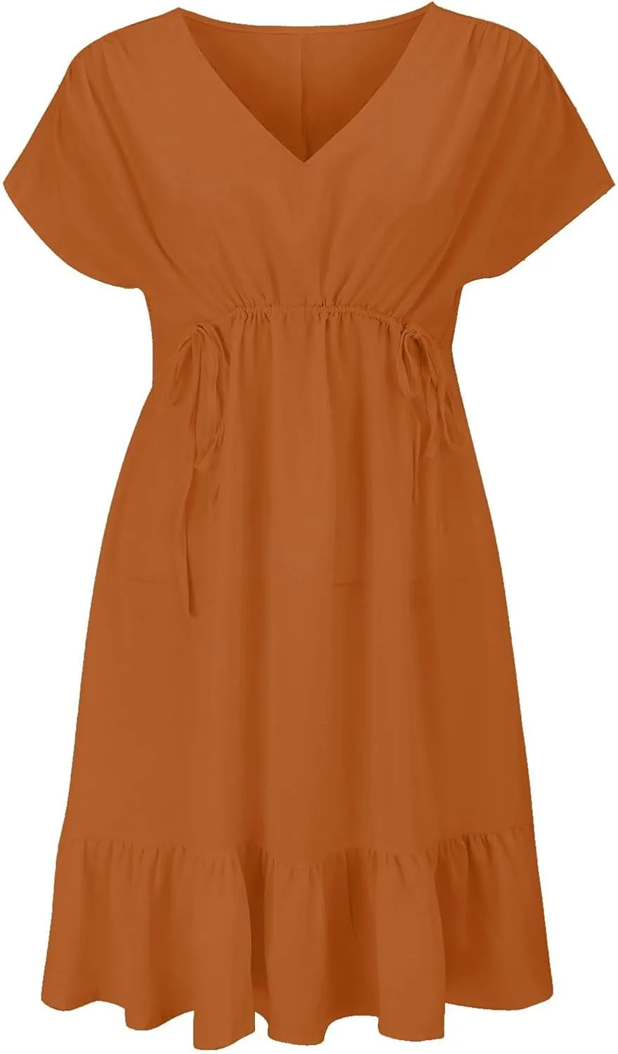 Womens 2025 Summer Short Sleeve V Neck Empire Waist Casual Ruffle A-Line Swing Mini Babydoll Dresses