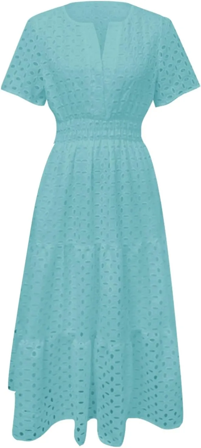 Women's 2025 Summer V Neck Hollow Out Casual Eyelet Ruffle Swing A Line Dress Short Sleeve Boho Long Maxi Dresses