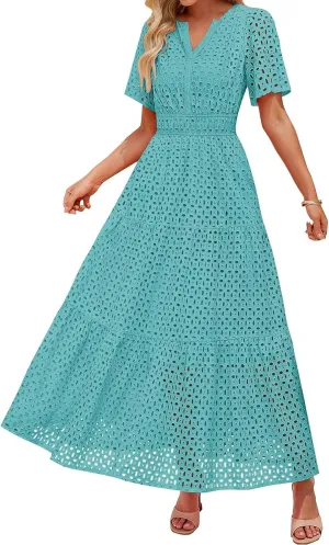 Women's 2025 Summer V Neck Hollow Out Casual Eyelet Ruffle Swing A Line Dress Short Sleeve Boho Long Maxi Dresses