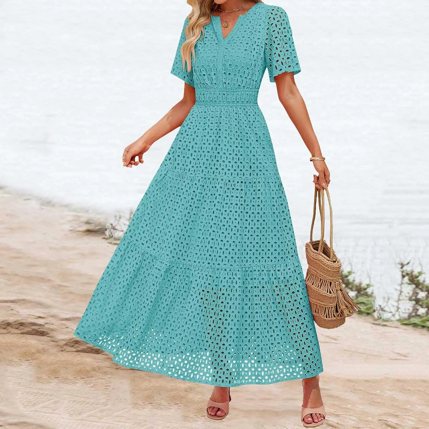 Women's 2025 Summer V Neck Hollow Out Casual Eyelet Ruffle Swing A Line Dress Short Sleeve Boho Long Maxi Dresses